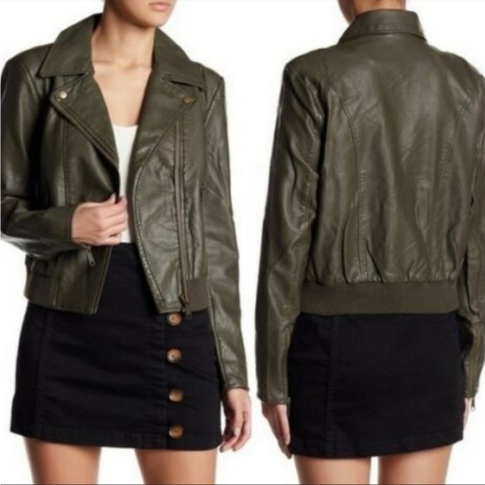 Free People Olive Green Faux Leather Bomber Jacket
